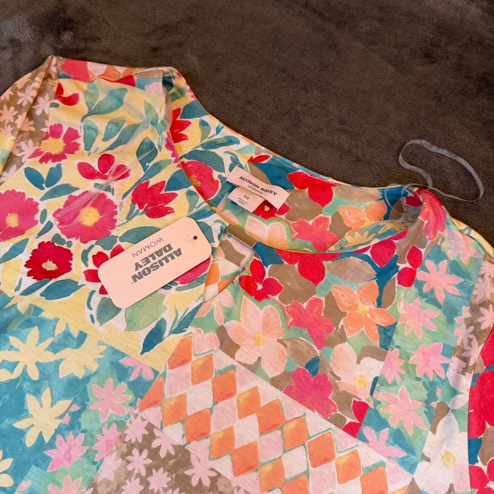 Allison Daley Floral Patchwork Tunic Womens 3X Multicolor 3/4 Sleeve Keyhole NWT